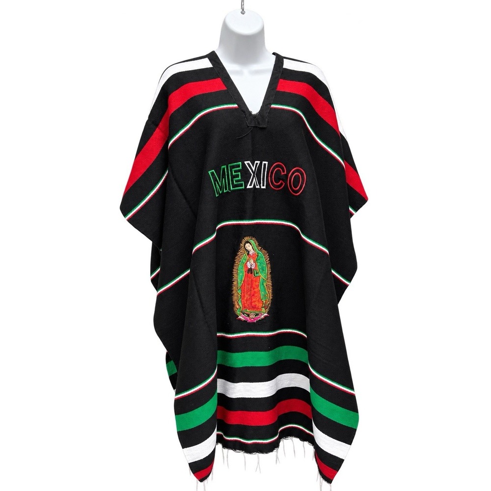Mexican Poncho Cape Black Green Red White Striped Traditional Virgin Guadalupe